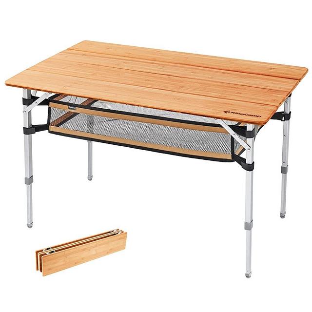 KingCamp Bamboo Folding Table Lightweight Camping Table with Storage Mesh Layer 4-Folds Portable Picnic Camp Table Sturdy Adjustable Height Aluminum Legs for Outdoor Dinning Beach Tailgating 2-4Person