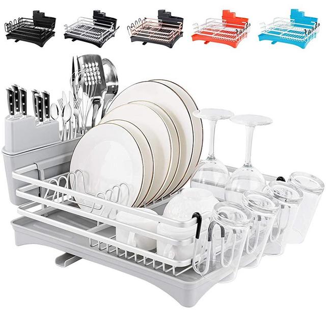 Rottogoon Aluminum Dish Drying Rack, 16.5" x 11.8" Compact Rustproof Dish Rack and Drainboard Set, Dish Drainer with Adjustable Drainage Channel, Removable Cutlery and Cup Holder, Light Gray & Silver