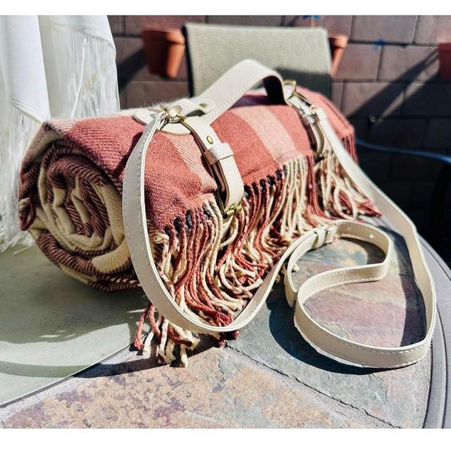 Picnic Blanket Extra Large Waterproof with Strap 59"x79" - Machine Washable Tassels Faux Wool Cashmere for Park, Grass, Camping, Hiking, Concerts (Latte with white shoulder strap, 59"X79")