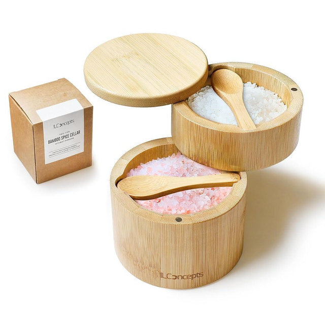Bamboo Salt and Pepper Box, Bowl, Salt Cellar with Magnetic Swivel Lid and Spoons - Dual Compartment (8oz & 4oz) 2-Tier Wooden Container for Countertop, Holder for Sugar, Herbs, Spices (Plain)