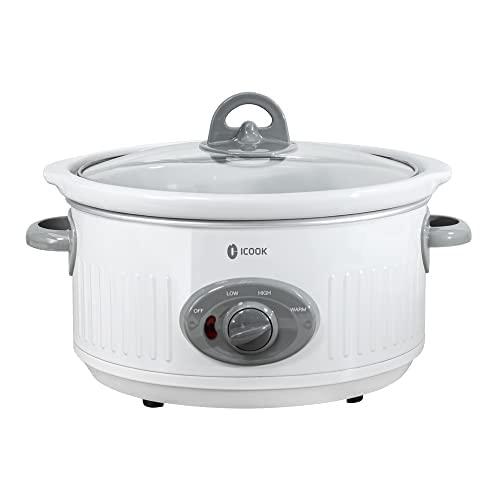 ICOOK Slow Cooker 3.5 Quart USC-351-OG,Dishwasher Safe Crock/Ceramic inner pot and Glass lid,Small Slow Cooker,Oval Shape,White