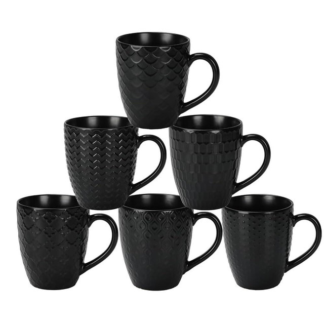 Serwrsw 16 OZ Bone Coffee Mugs Set of 6 Matte Black, Large Ceramic Coffee Mugs Set with Different Texture Patterns, Porcelain Cups with Handle for Espresso Latte Tea Milk