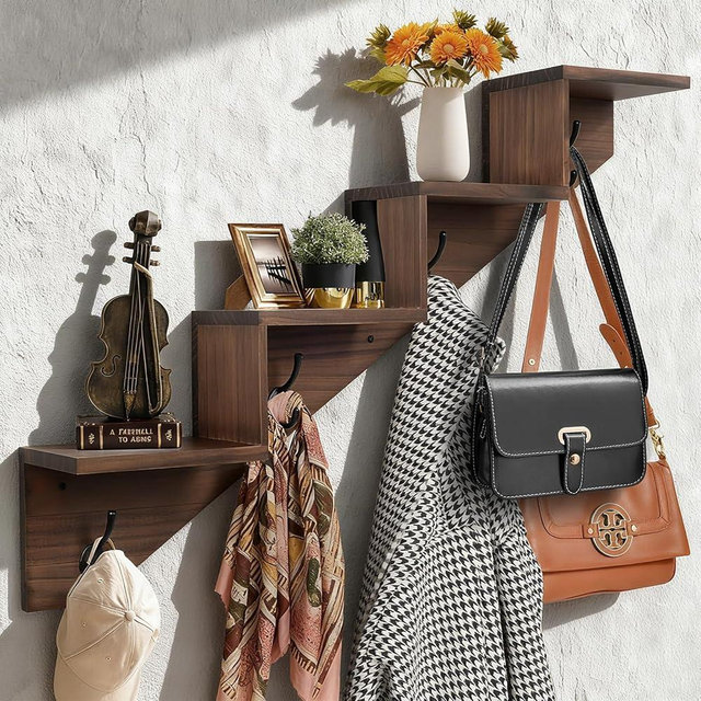 Hookmous Coat Rack Wall Mount with Shelf, Brown Wall Shelf with Hooks, Sturdy​​ Wooden Rise Staircase Shelves, Space-Saving Decorative Organizer for Entryway, Mudroom, Hallway, Living Room, Bedroom