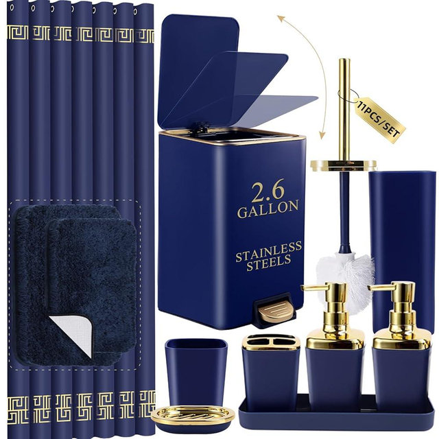 XLHOMO Bathroom Sets with Shower Curtain and Rugs Bathroom Accessories Set Navy Blue Bathroom Set,Soap Dispenser & Toilet Brush Holder Set with Stainless Steel Trash Can