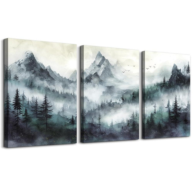 TTHYUEWS Canvas Wall Art For Bedroom Wall Decorations For Living Room Modern Office Wall Decor Misty and Fog Mountain Forest Wall Painting Landscape Wall Pictures Artworks Room Home Decor 3 Piece