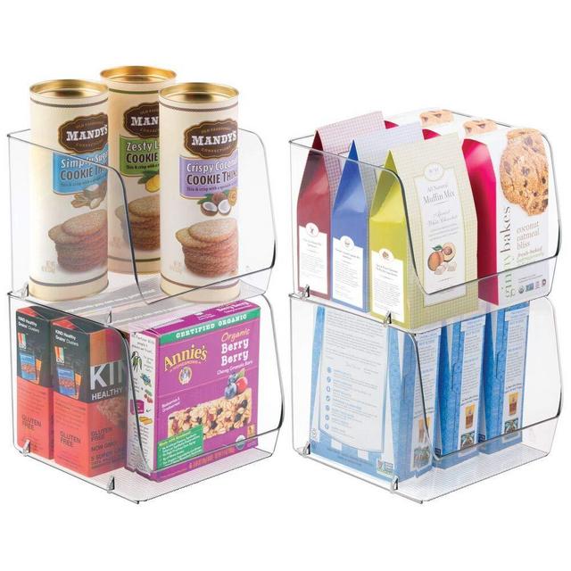 mDesign Extra Large Household Stackable Plastic Food Storage Organizer Bin Basket with Wide Open Front for Kitchen Cabinets, Pantry, Offices, Closets, Bedrooms, Bathrooms - 8.5" Wide, 4 Pack - Clear