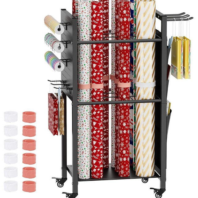 Khordin Wrapping Paper Organizer Storage with Wheels, Gift Wrap Storage Station with Ribbon and Gift Bag Storage, Rolling Craft Storage Cart with 12PCS Slap Bands, Christmas Decor, Black