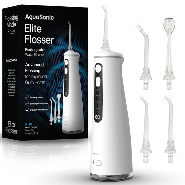 AquaSonic Elite Flosser - Rechargeable Water Flosser with 4 Tips - Oral Irrigator with 4 Modes - Portable & Cordless