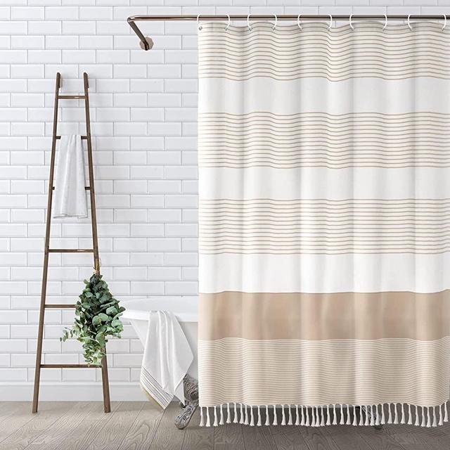 Boho Beige Shower Curtain for Bathroom Stripe Knotted-Tassel Shower Curtain 72 X 72 Inches Natural Linen