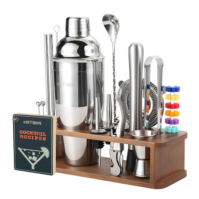 HMYBAR 22-pc Cocktail Shaker Set(24oz/700ml) | Mixology Bartender Kit | Bar Set | Bar Tool Set | Martini Making Set with 39-Recipe Cocktail Cards & Kit's Deco, Bamboo Stand Brown Color, Silver Tools