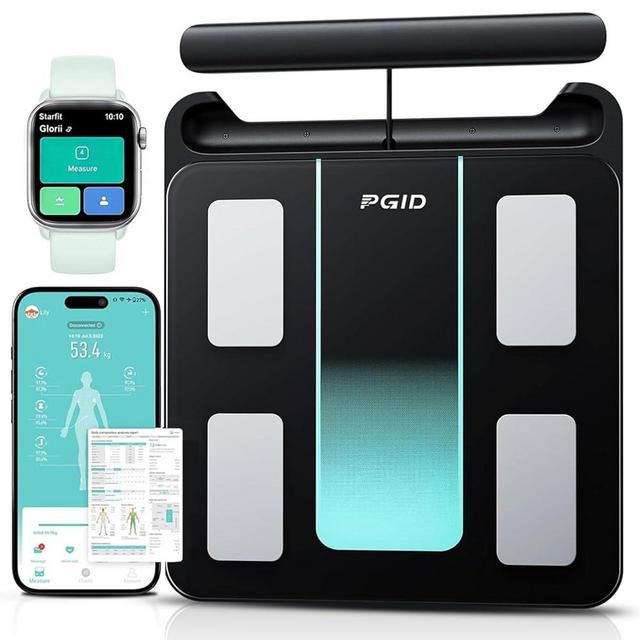 PGID Smart Scale for Body Weight,29 Body Composition Scales w BMI,Body Fat,Muscle Mass Monitors,Digital Bathroom Scales with LED Handle Display,Body Pod Scale Syncs with App for 24 Users 180KG/400Lb