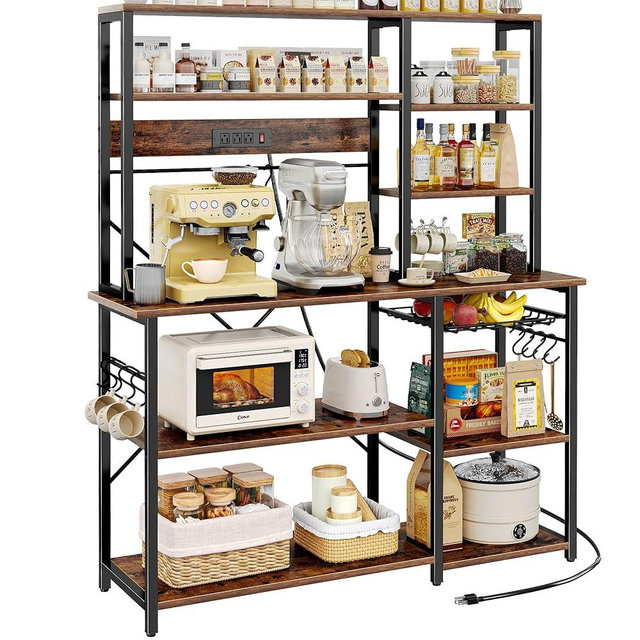 SUPERJARE Larger Bakers Rack with Power Outlets, 6-Tier Microwave Stand, Coffee Bar with 12 S-Shaped Hooks, Kitchen Shelf with Wire Basket, 47.2 x 15.5X 66.9 Inches, Rustic Brown