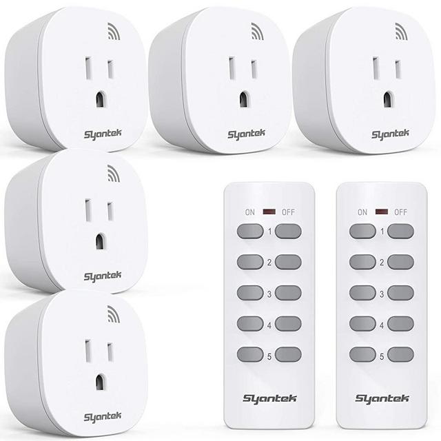 Syantek Remote Control Outlet Wireless Light Switch for Household Appliances, Up to 100 ft Range, FCC Certified, ETL Listed, White (5 Outlets + 2 Remotes)