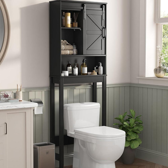Seeday Over The Toilet Storage Cabinet, Bathroom Organizer with Adjustable Shelves and Anti-Tip Device, Space-Saving Storage Solution, Black