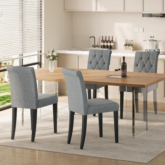 Welzona Upholstered Dining Chairs Set of 4, Button Tufted Parsons Dining Chair with Solid Wood Legs, Modern Fabric Side Chair for Dining Room/Kitchen/Living Room/Restaurant/Hotel- Grey