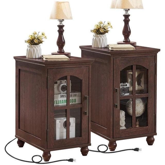 Narrow Side Table Set of 2,Farmhouse Nightstand with Charging Station,End Table with Glass Barn Door Storage, Cabinet Organizer with Adjustable Shelf, Night Stand for Small Spaces Living Room Bedroom