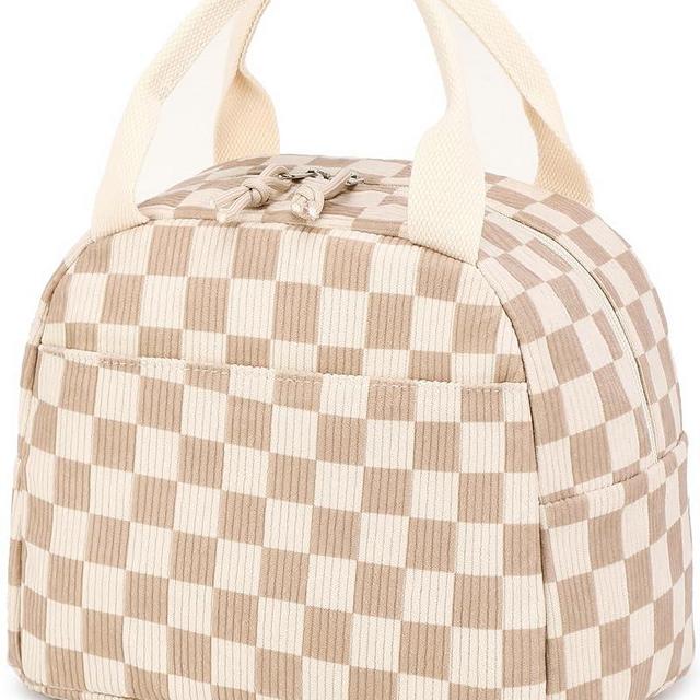 Bluboon Lunch Bag for Women Men Cute Corduroy Lunch Tote Bags Reusable Insulated Lunch Box Large Capacity Reusable Insulated Cooler for Work Picnic or Travel (Corduroy checkered brown)