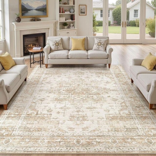 ELLIUNE Washable Area Rugs 8x10, Soft Large 8x10 Rugs for Living Room Non-Slip Vintage Beige Indoor Carpet Stain Resistant Rugs for Dining Room Bedroom Nursery Kid & Pet Friendly