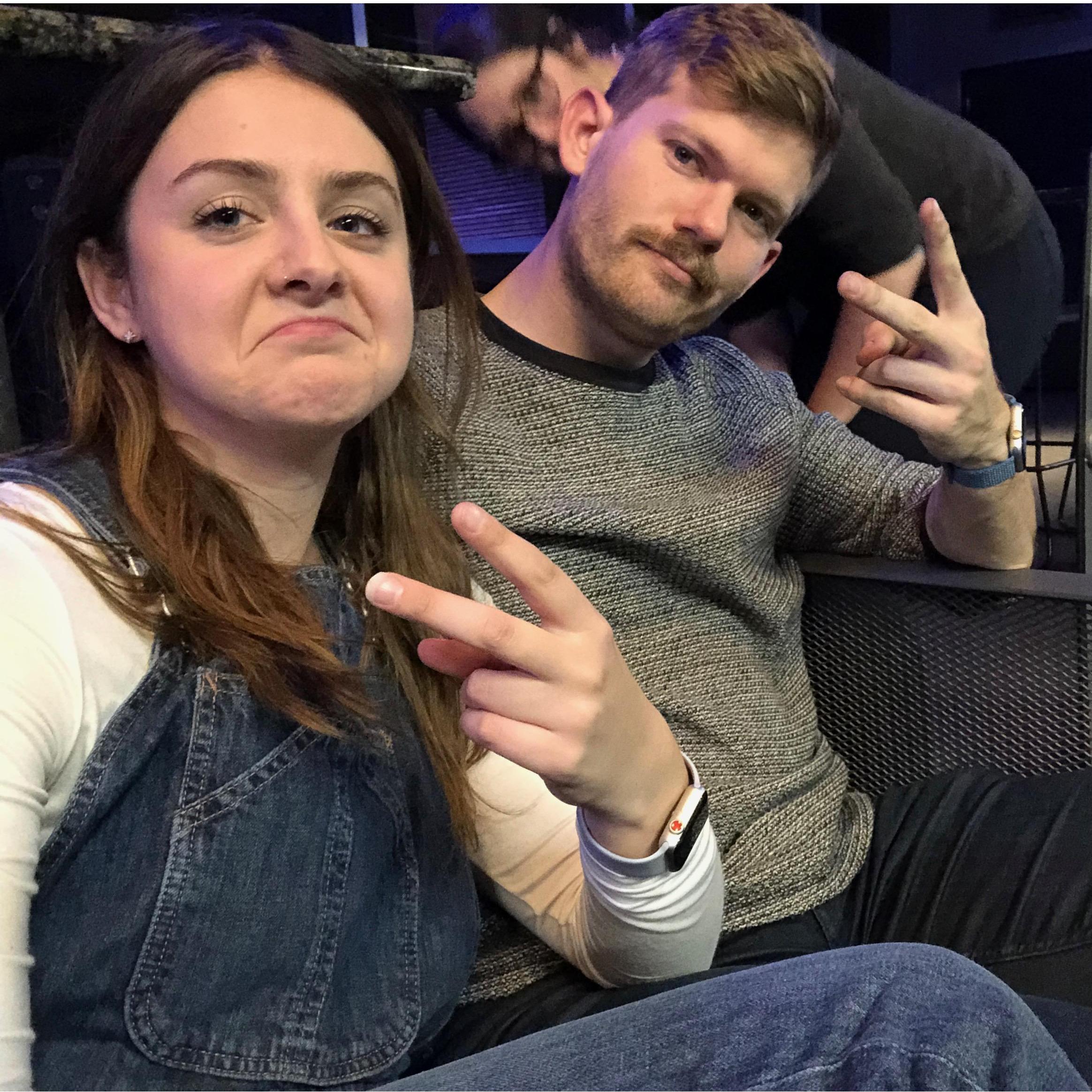 Our first Christmas together, we went to Top Golf with my family. Peep Matron-of-Honor, Caitlin, creeping in the back.