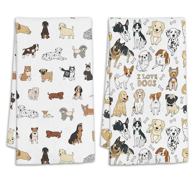 2 Pcs Dog Pets Cute Animals Hand Towels Absorbent Soft Bath Towels for Kitchen Bathroom Hotel Gym Spa 18" x 24"