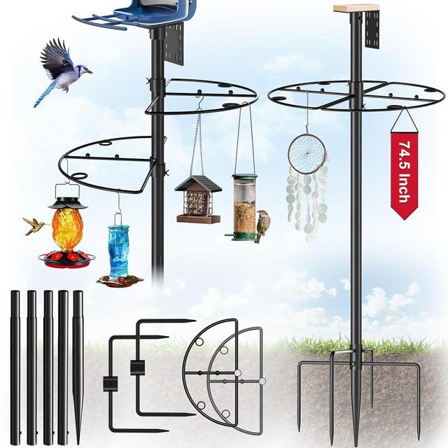 Onlyfly Bird Feeder Pole Stand - 74.5 inch Height Bird Feeding Station with Semicircular Hook, 22 Hanging Areas for Suet Feeder, Hummingbird, 1-Inch Dia Heavy Duty for Outdoor, Slip-Fit Connection
