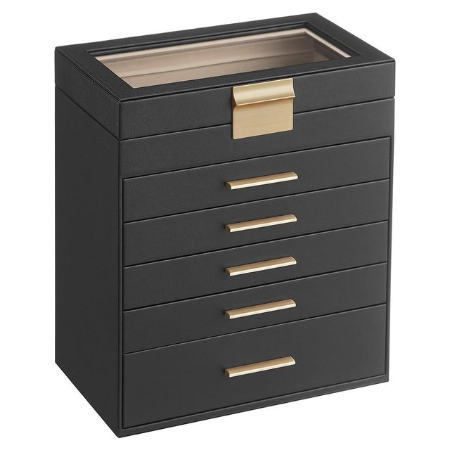 SONGMICS Jewelry Box with Glass Lid, 6-Layer Jewelry Organizer, 5 Drawers, for Sunglasses, Big Jewelry, Jewelry Storage, Modern Style, Graphite Black and Gold Color UJBC171B01