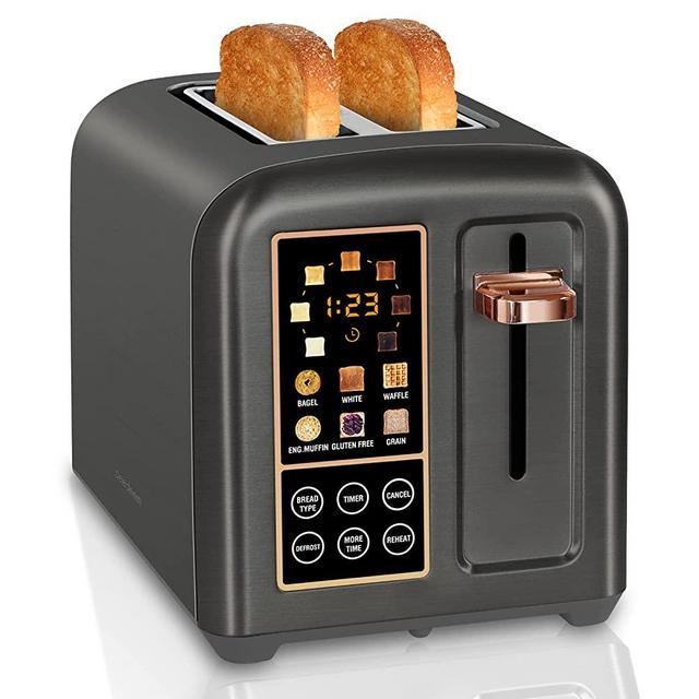 SEEDEEM 2 Slice Toaster, Stainless Steel Bread Toaster with Touch LCD Display, 1.5'' Extra Wide Slots Toaster with 4 Basic+More Timer Functions, Removable Crumb Tray, 1350W, Grey
