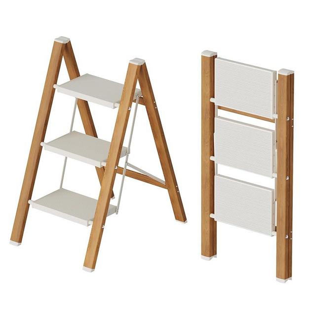 Mayi Plus 3 Step Lightweight Aluminum Folding Ladder, Portable Step Stool with Wide Anti-Slip Pedals, 330 lbs Capacity for Home,Cleaning Tasks（White&Woodgrain）
