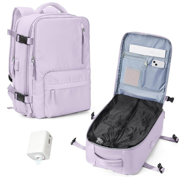 WONHOX Vacuum Seal Backpack for Travel with Air Pump Compression Daypack Personal Item Carry on Flight Approved Vacpack Laptop Space Saver Bags Storage with Vacuum System Travel Bag Women Men Purple