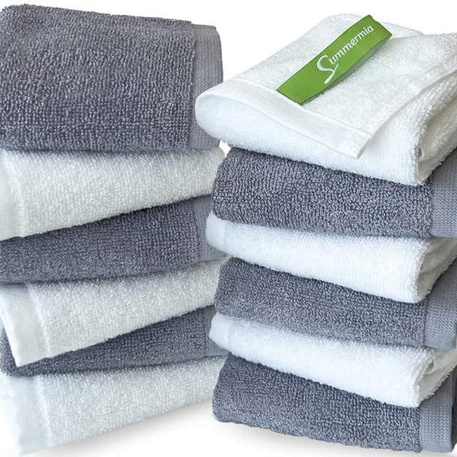 SUMMERMIA 12 Pack Washcloths 13" x 13" - Soft Wash Cloths for Your Face Towel, Wash Cloths for Your Body (White + Gray)