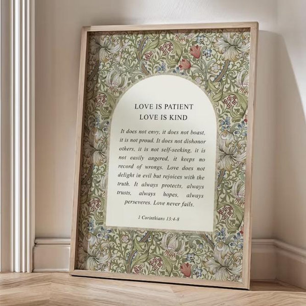 1 Corinthians 13:4–8, Love is Patient Print, Floral Wedding Scripture, Vintage Style Bible Verse Printable, Christian Wedding Gift, Marriage