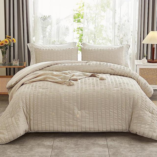 AveLom Beige Seersucker Queen Comforter Set (90x90 inches), 3 Pieces-100% Soft Washed Microfiber Lightweight Comforter with 2 Pillowcases, All Season Down Alternative Comforter Set for Bedding