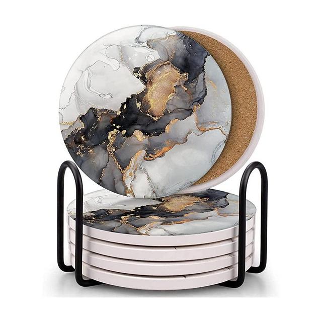 Britimes Coasters for Drinks Absorbent with Metal Holder Stand, Ceramic Stone Coaster Sets of 6, Marble Style Coaster for Coffee Wooden Table, Housewarming Gift Dark