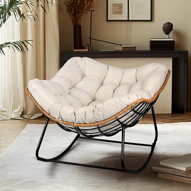 knocetx Rocking Egg Chair, Outdoor Rocking Chair with Thick Cushion, Modern Indoor Outdoor Papasan Rocking Chair, Lounge Rocker for Balcony, Living Room, Bedroom, Porch, Patio, Lawn, Garden (Ivory)