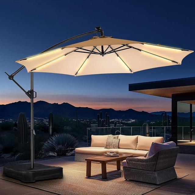 HOMSHADE 10ft Solar Lights Offset Cantilever Patio Umbrella - with Light and Base, LED Lighted Offset Hanging Patio Outdoor Market Umbrella UPF50+ UV Protection with Easy Tilt and Crank (Beige)