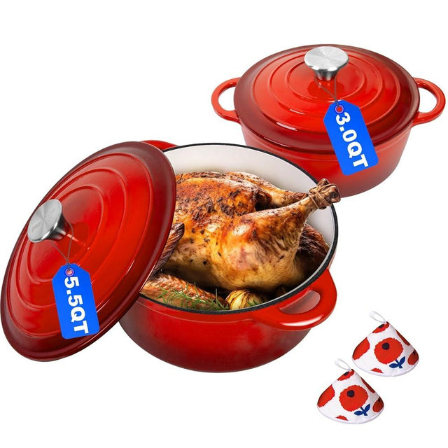 Romswi Enameled Cast Iron Dutch Oven Set - 3qt & 5.5qt Dual Combo - 7-Layer Professional Grade Dutch oven pot with lid - Oven Safe for Braising, Stews, Roasting, Bread Baking - Red Bread Dutch Oven
