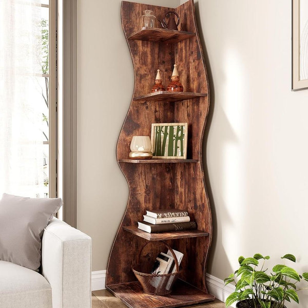 LITTLE TREE Small Corner Shelf, Modern 5-Tier Wall Corner Bookshelf, Stylish Bookcase Storage Rack for Small Space, Living Room, Bedroom