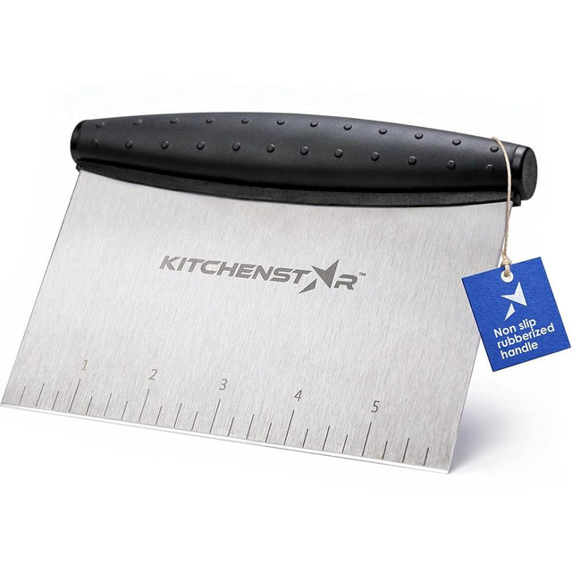 KitchenStar Dough Scraper 6-inch, Stainless Steel Bench Scraper with Measurement Markings & Non-Slip Handle, Pastry Cutter for Bread, Pizza & Vegetables, Dishwasher Safe