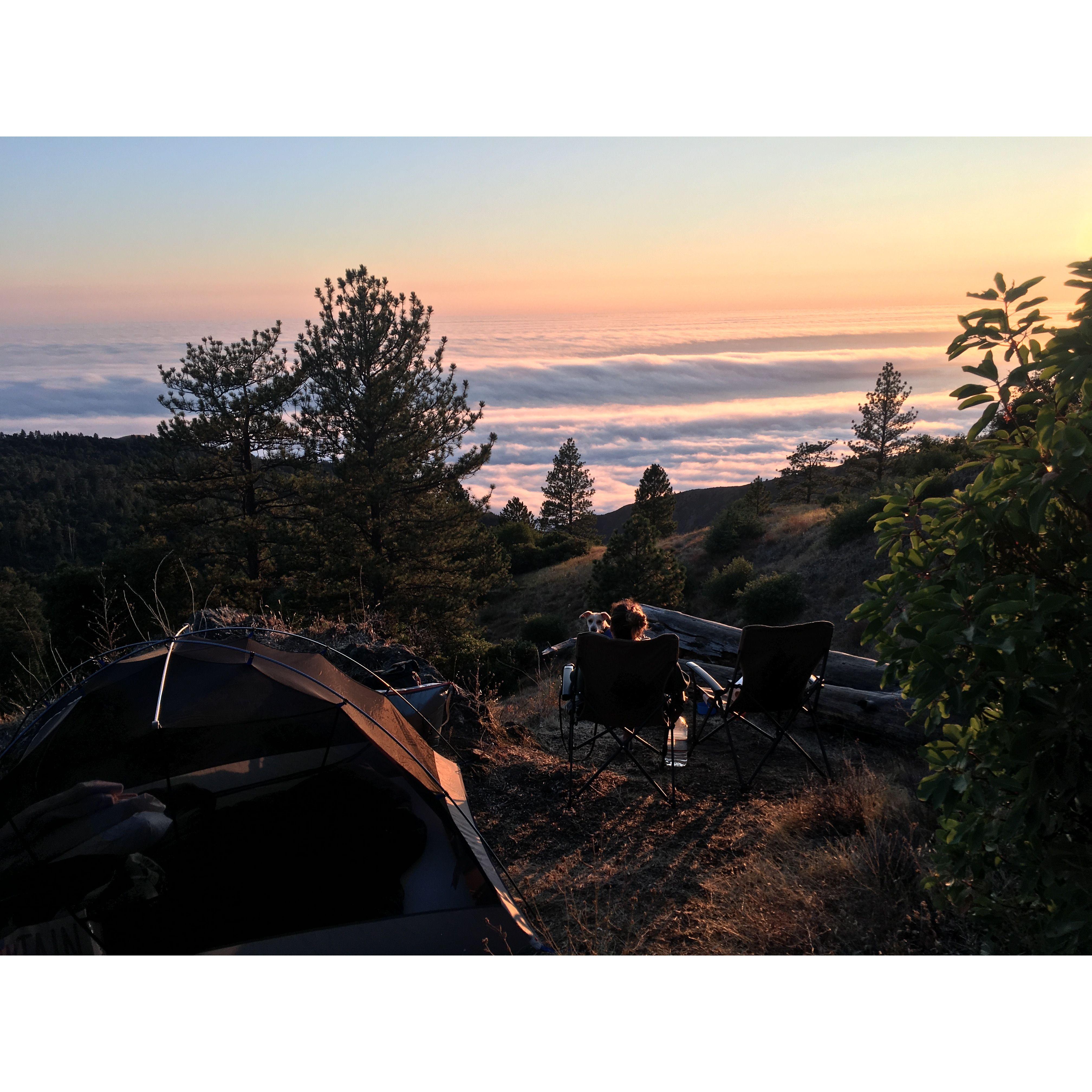 Watching sunset over a sea of clouds in Big Sur. Not a bad setup for Sarah's first time camping