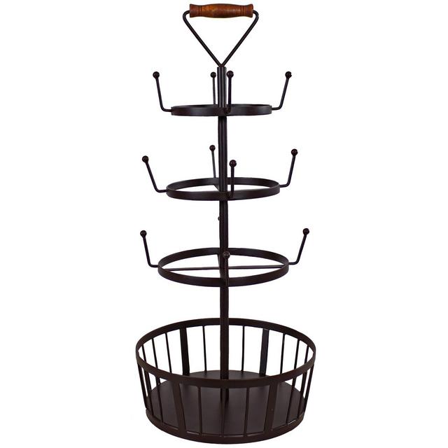 Sunnydaze Indoor Round 4-Tier Iron Coffee Mug Tree with 12 Hooks - Dark Brown - 23"