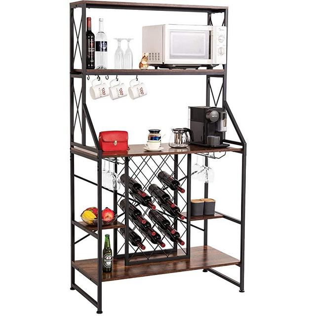 Freestanding 5-Tier Wine Bakers Rack, WAYTRIM Vintage Wine Shelf, Wine Storage Organizer Display Stand with Stemware Holder, Glass Holder & Storage Hooks - Vintage Brown