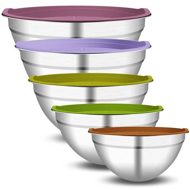 AIWANTING Mixing Bowls with Airtight Lids，5pcs Stainless Steel Metal Nesting Bowls for Kitchen，Size 5, 3.5, 2.5, 2, 1.5QT，Great for Mixing & Serving
