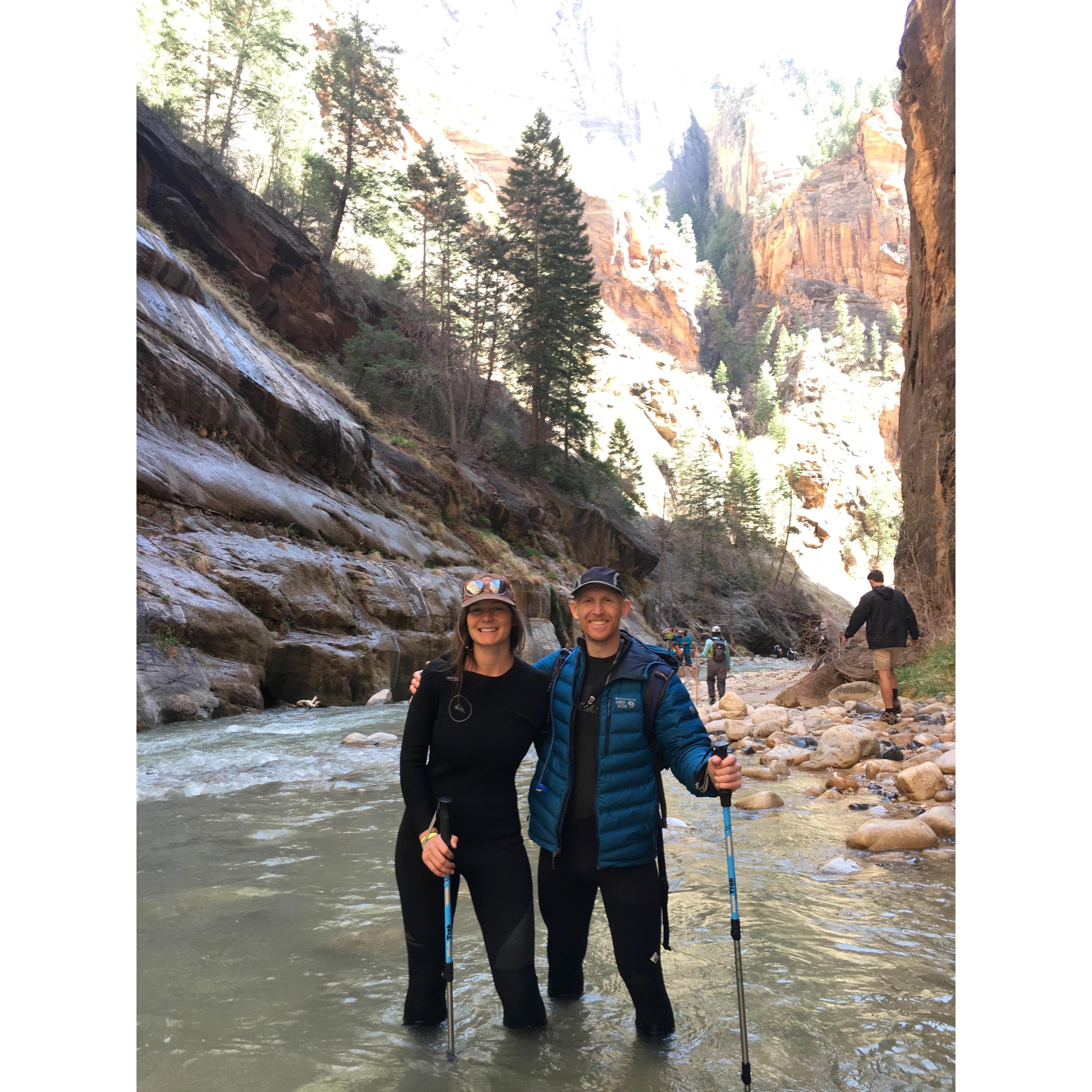 The Narrows! We were the only folks in wetsuits & Chacos in April. Missed meeting up with cousin Laura & Josh by a hair.