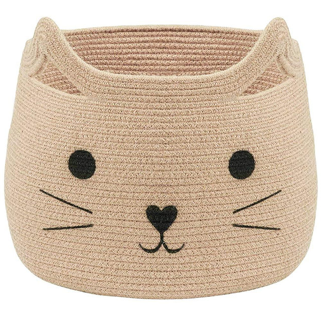 VK Living Animal Baskets Large Woven Cotton Rope Storage Basket with Cute Cat Design Animal Laundry Basket Organizer for Towels, Blanket, Toys, Clothes, Gifts – Pet or Baby Gift Baskets 15 L x 15H