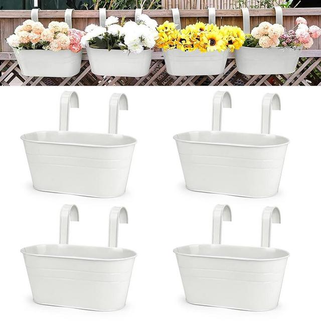 OGIMA 4pcs Large Hanging Flower Pots, Metal Iron Wall Planter Indoor/Outdoor for Railing Fence Balcony Garden Home Decoration with Detachable Hooks