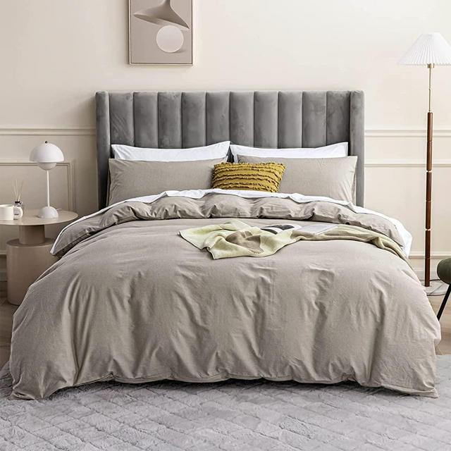 JELLYMONI Linen Grey 100% Washed Cotton Linen Like Textured Duvet Cover Set, 3 Pieces Ultra Soft Bedding Set with Zipper Closure. Solid Color Pattern Duvet Cover King Size (No Comforter)
