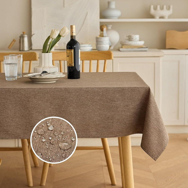 Decorelia Waterproof Linen Tablecloth for Dining Room, Rustic Farmhouse Tablecloth for Room Decor, Outdoor Tablecloth for Party, Wedding, Picnics, Patio(Oblong 60 x 120 Inch (10-12 Seats), Coffee)