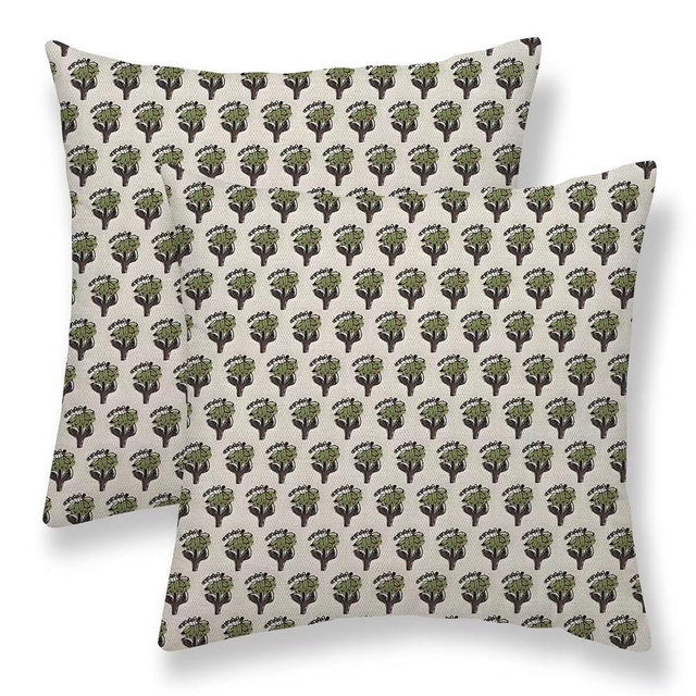 Sunshineyan Block Print Floral Pillow Covers 18 x 18 Inch Set of 2 Brown Sage Green Flower Leaves Decorative Throw Pillow Covers Outdoor Linen Farmhouse Cushion Cases for Home Sofa Couch Decor