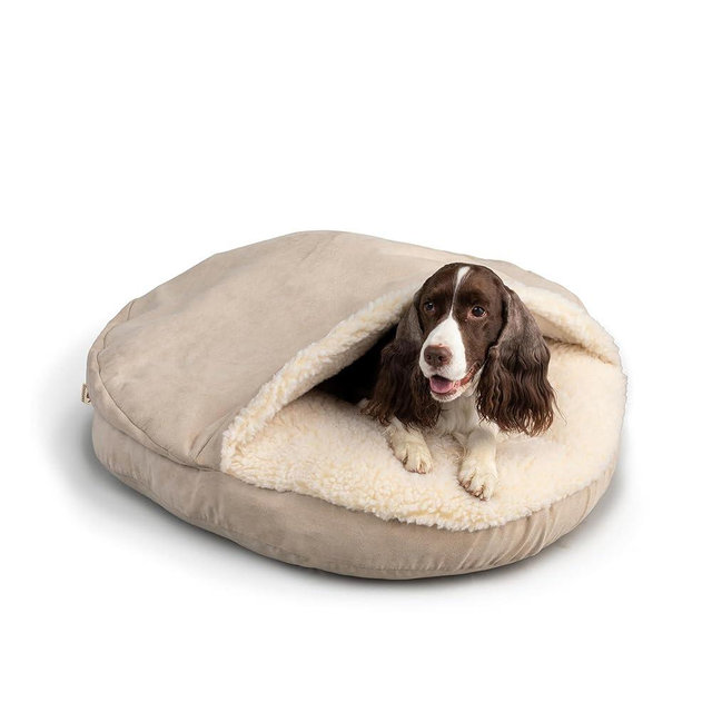 Snoozer Cozy Cave Dog Bed - Indoor Dog Bed with Cover Cave, Covered Calming Burrow for Medium & Large Sized Pets with Blanket Attached, Enclosed, Removable Washable Cover - XL, Buckskin