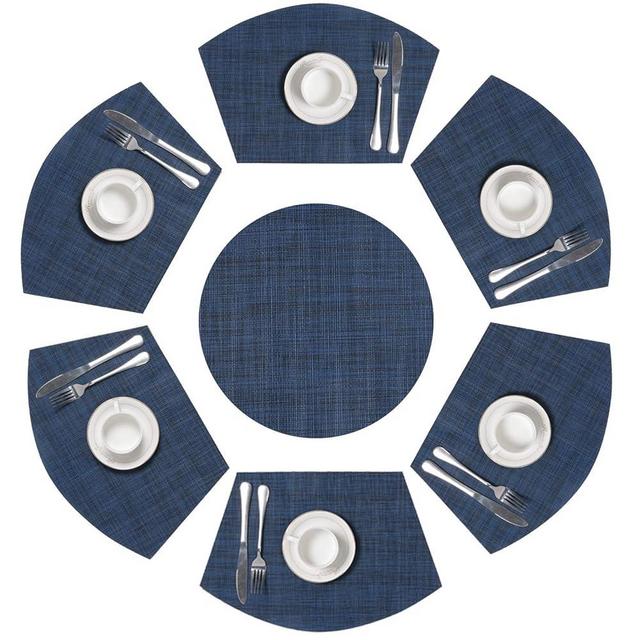 SHACOS Round Table Placemats Set of 7 Woven Vinyl Wedge Placemats with Centerpiece Round Mat Heat Resistant Wipe Clean (7, Blue Black)